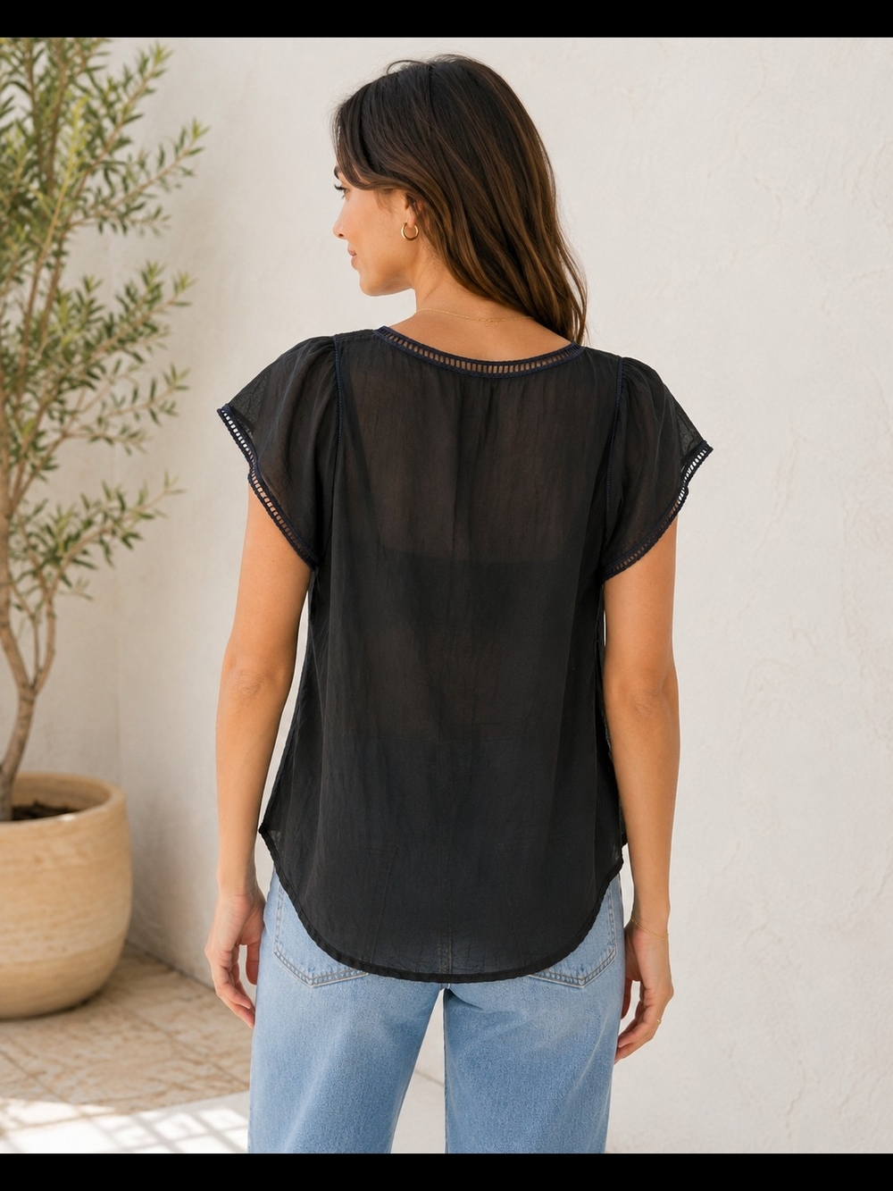 Johnny Was Black Blouse Dark Navy Lace Crochet Trim Top X - Picture 2 of 4